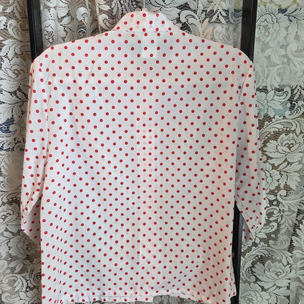 VINTAGE 60s White Blouse with Red Mini Mouse Style Polka Dots & Bow Neck